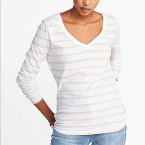 NWT Old Navy White & Tan Stripped Every wear V Neck Long Sleeve Shirt